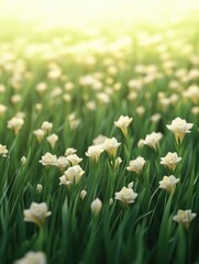 Fototapeta premium Fresh green field filled with tuberose plants and unopened flowers, creating a beautiful landscape in the springtime, tuberose plants, unopened flowers