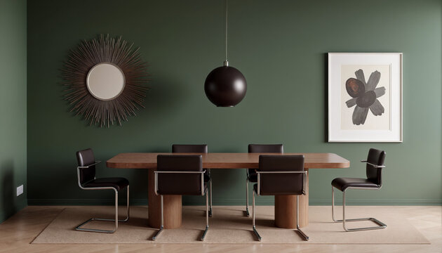 Modern Dining Room with Dark Green Walls, Wooden Table, and Black Cantilever Chairs