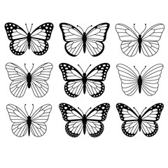 Butterfly collection in line art with elegant wings and symmetrical design in black and white