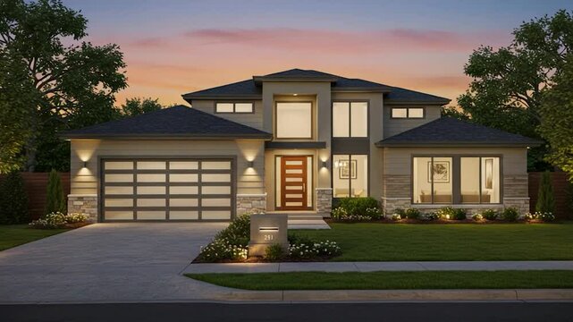 Modern house exterior at sunset contemporary home architecture real estate design