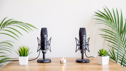 A minimalist podcast setup on a light wooden surface against a white wall