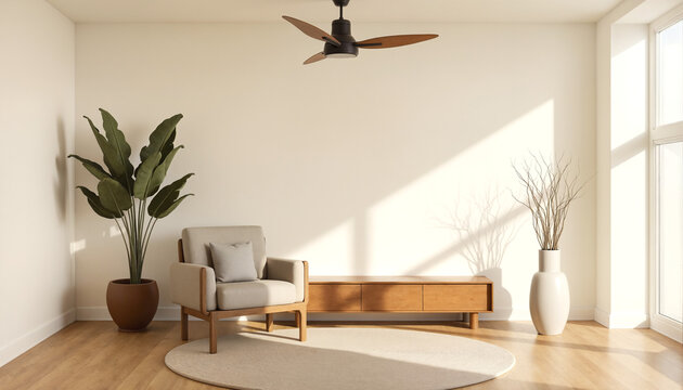 Sunlit Interior Wall Mockup featuring Armchair, Cabinet, and Large Copy Space