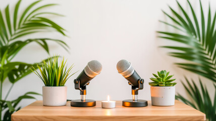 A minimalist podcast setup on a light wooden surface against a white wall