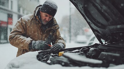 Man fixing car engine problem during snowfall in winter