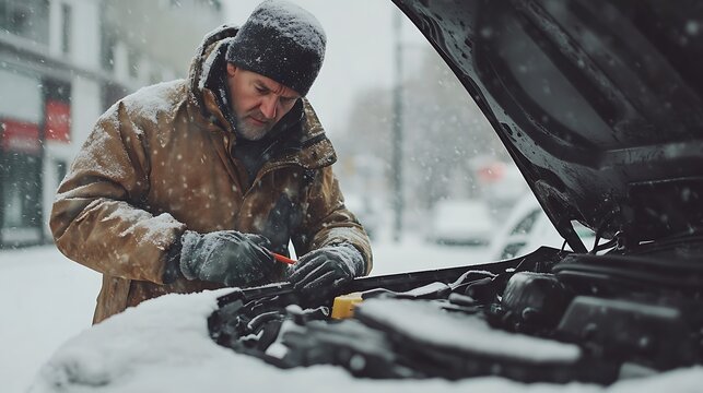 Man fixing car engine problem during snowfall in winter