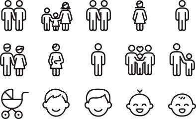 Fototapeta premium Fifteen Minimalist Black Line Art Family Icons Set