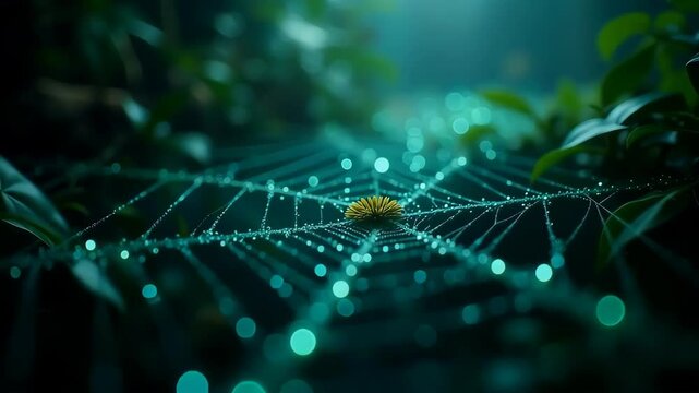 Digital Spider Web with Glowing Dew