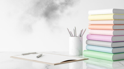 A minimalist workspace setup on a white marble surface with subtle gray veining