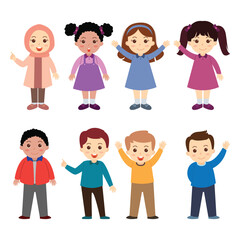 Cute Cartoon Illustration of Diverse Group of Children Characters Set