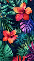 Naklejka premium Flowers and foliage background. Tropical leaves and colorful flowers on dark foliage nature background.