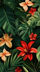 Fototapeta premium Flowers and foliage background. Tropical leaves and colorful flowers on dark foliage nature background.