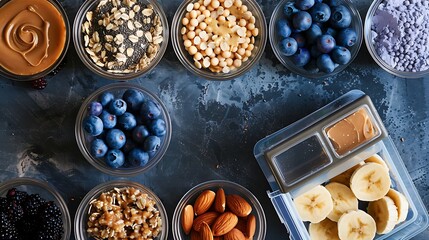 Assorted healthy breakfast components arranged in small dishes.