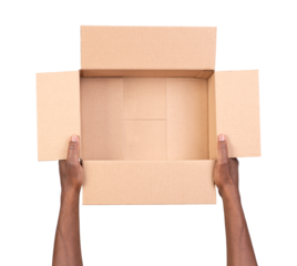 Man holding and showing  an open cardboard box isolated on white or transparent background