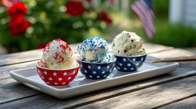 Red, white, and blue ice cream bowls with patriotic icing on a tray under a maple tree in warm morning sunshine