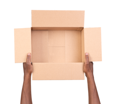 Man holding and showing  an open cardboard box isolated on white or transparent background
