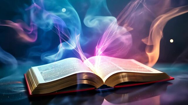 The Bible the Word of God glowing with colorful smoke effects