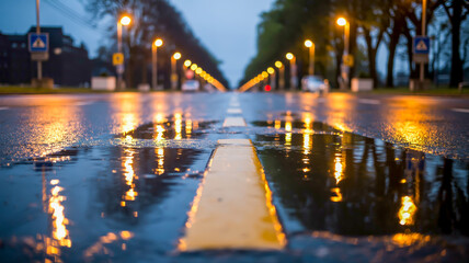 A moody nighttime photograph of a wet road with yellow road markings, captured in a low-angle perspective.