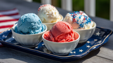 Red, white, and blue ice cream bowls with patriotic icing on a tray under a maple tree in warm morning sunshine