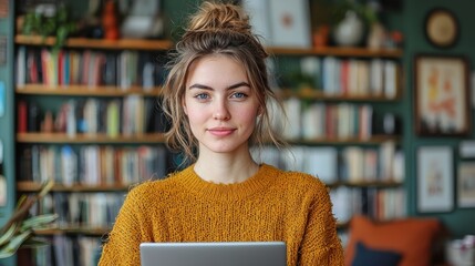 Portrait of a young woman with a neutral expression, holding a tablet, in front of a bookshelf filled with books