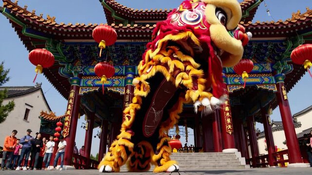 Chinese traditional lion dance costume performing at a temple in China