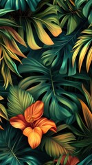 Fototapeta premium Flowers and foliage background. Tropical leaves and colorful flowers on dark foliage nature background.