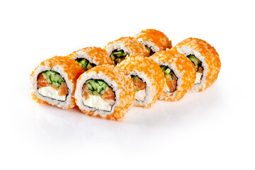 Sushi rolls with red tobiko caviar, salmon, cucumber and cream cheese lying on white reflecting table