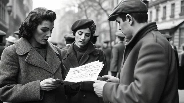 A vintage black and white scene of three people reading letters outdoors.