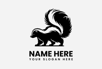 A stylized black and white skunk walking, with text below for branding.