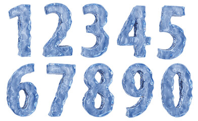 Set of numbers made of glossy ice. 3d illustration isolated on white