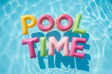 Colorful inflatable letters creating a joyful pool time in a sunny water oasis on a warm summer day