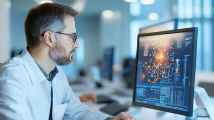 Scientist computer data analysis and technology research laboratory as focused male professional examines complex digital information and code monitor, highlighting innovation and modern science - Powered by Adobe