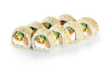 Uramaki sushi rolls with salmon, cucumber, cream cheese and sesame seeds on white background