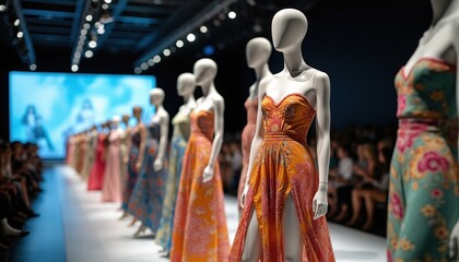 Fashion exhibition featuring runway models wearing stylish dresses. Modern clothing showcase sustainable fashion. Event with designer clothing line presentation. Sustainable style trends.