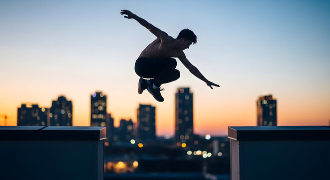 Silhouette of a Parkour Athlete Leaping Across Cityscape at Sunset