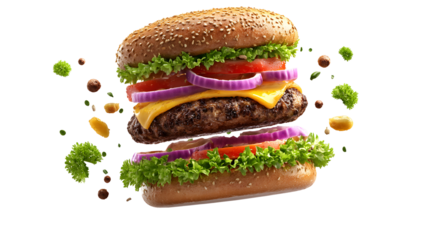 A hamburger with lettuce, tomato, and onions. The burger is split in half and the toppings are flying off