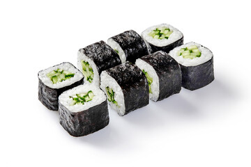 Kappa maki sushi rolls with cucumber and rice filling on white background