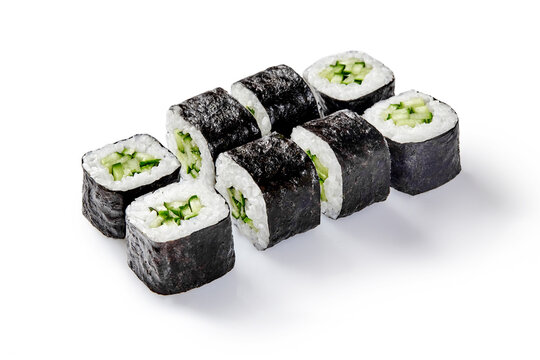 Kappa maki sushi rolls with cucumber and rice filling on white background