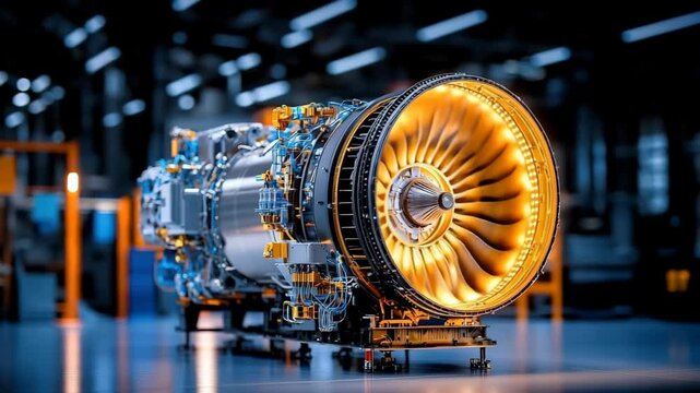 High tech jet engine with illuminated turbine blades, metallic components, and intricate wiring modern industrial setting, showcasing advanced engineering, innovation, and precision technology