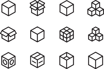 Twelve Minimalist Black Line Art Cube Icons Set vector