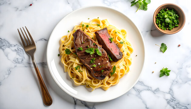 Tallarines con crema y filete de carne salteado con cilantro