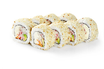 California uramaki sushi rolls with sesame seeds showing filling ingredients on white background