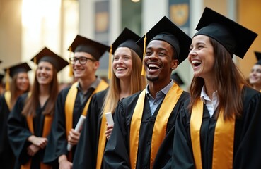 Group international students celebrate graduation. Diverse multiracial young people smile laugh in academic gowns, caps. Friends happy at university graduation day. Campus, education, achievement,