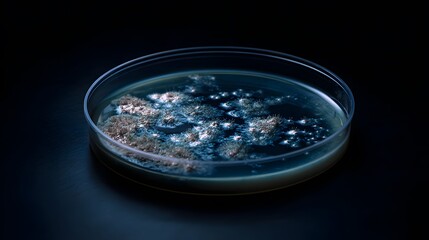 Mold or bacterial culture growing in a clear petri dish against a dramatic dark laboratory background suitable for science presentation.