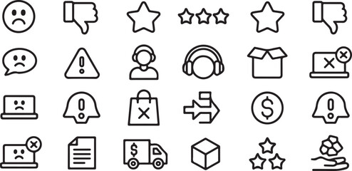 Twenty Black and White Line Art Icons Set Customer Service Feedback Shopping
