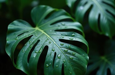 Close-up rich green tropical leaf with water drops, nature background. Dark green monstera plant leaf texture with water drops after rain. Fresh organic nature design.