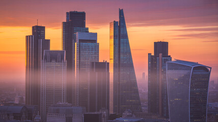 Vibrant urban skyline at sunset with mist enveloping high-rise buildings in a modern city