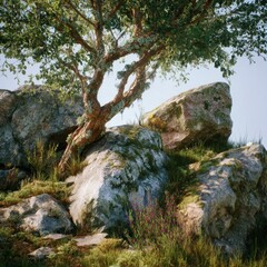 Tree Growing Among Mossy Boulders and Wild Grass in Sunlight