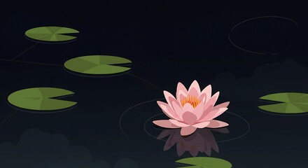 Pink lotus flower on dark water with lily pads.