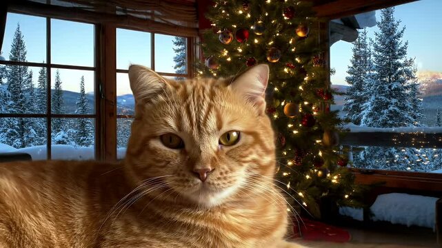 Ginger cat relaxing by christmas tree with winter landscape view