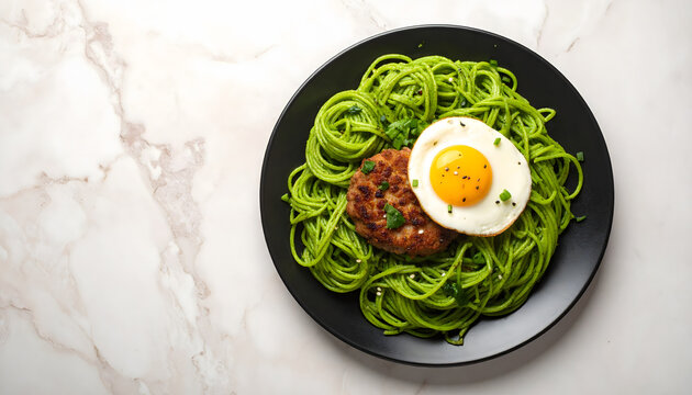 Tallarin verde con filete de carne  y huevo frito - comida peruana